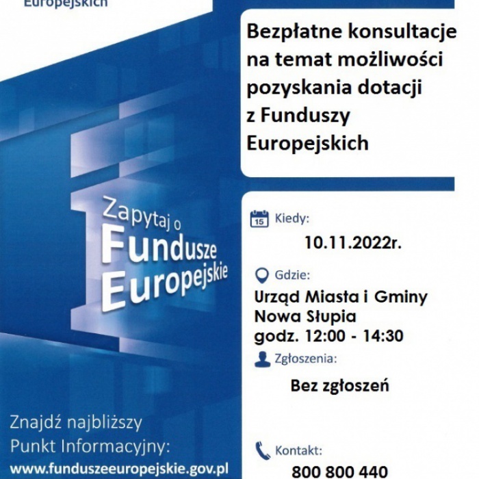 Bezpłatne konsultacje na temat możliwości pozyskania Funduszy Europejskich.