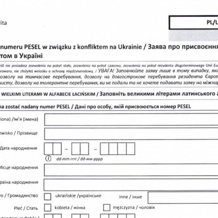 Wniosek o nadanie numeru PESEL w związku z konfliktem na Ukrainie